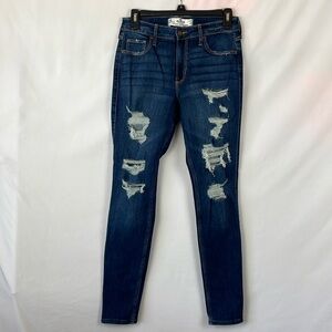 Hollister Dark Wash Distressed Curvy Mid-Rise Super Skinny Blue Jeans - Size 5R